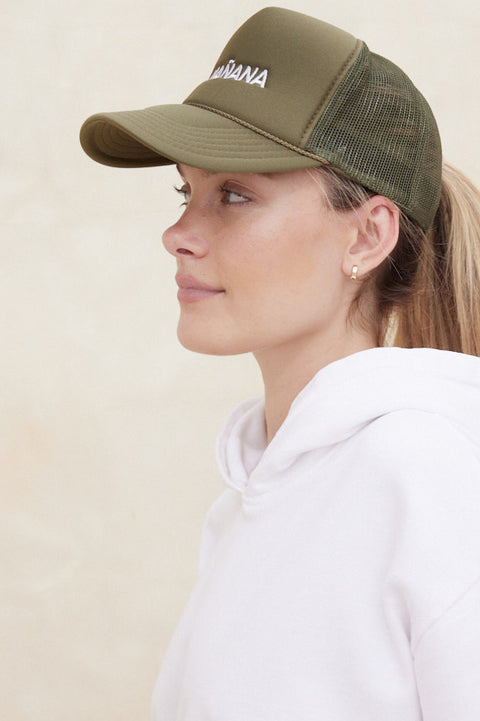 Women's Sage Green Trucker Hat with rope brim band