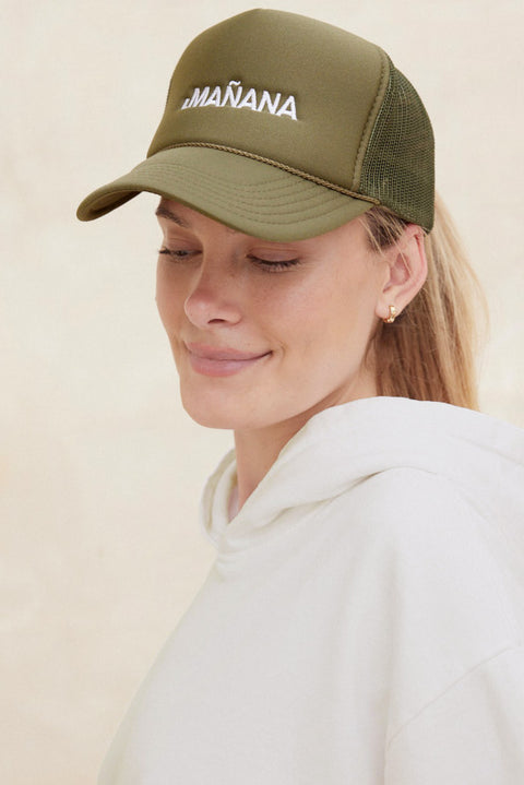 Women's Sage Green Trucker Hat with rope brim band