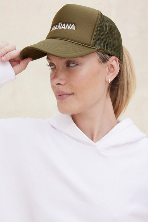 Women's Sage Green Trucker Hat with rope brim band